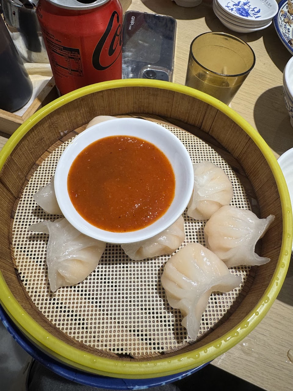 Har gow dumplings with chilli sauce
